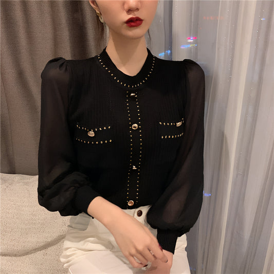 袖シフォンゴールドボタンTops