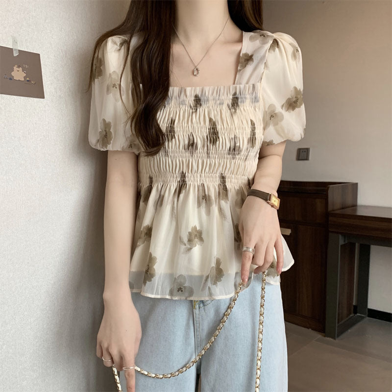 花柄シフォンチュニックトップス