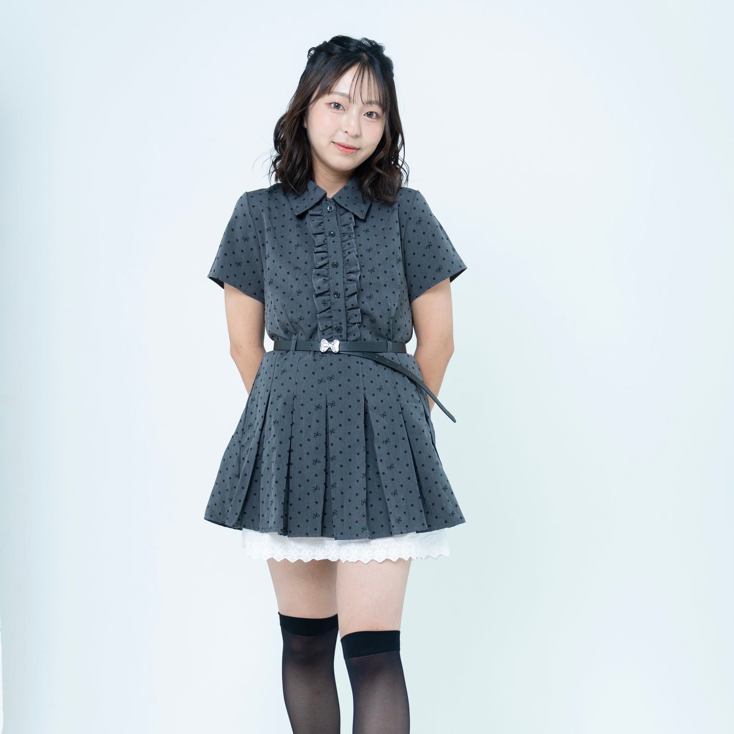 ドットリボン柄シャツワンピース
