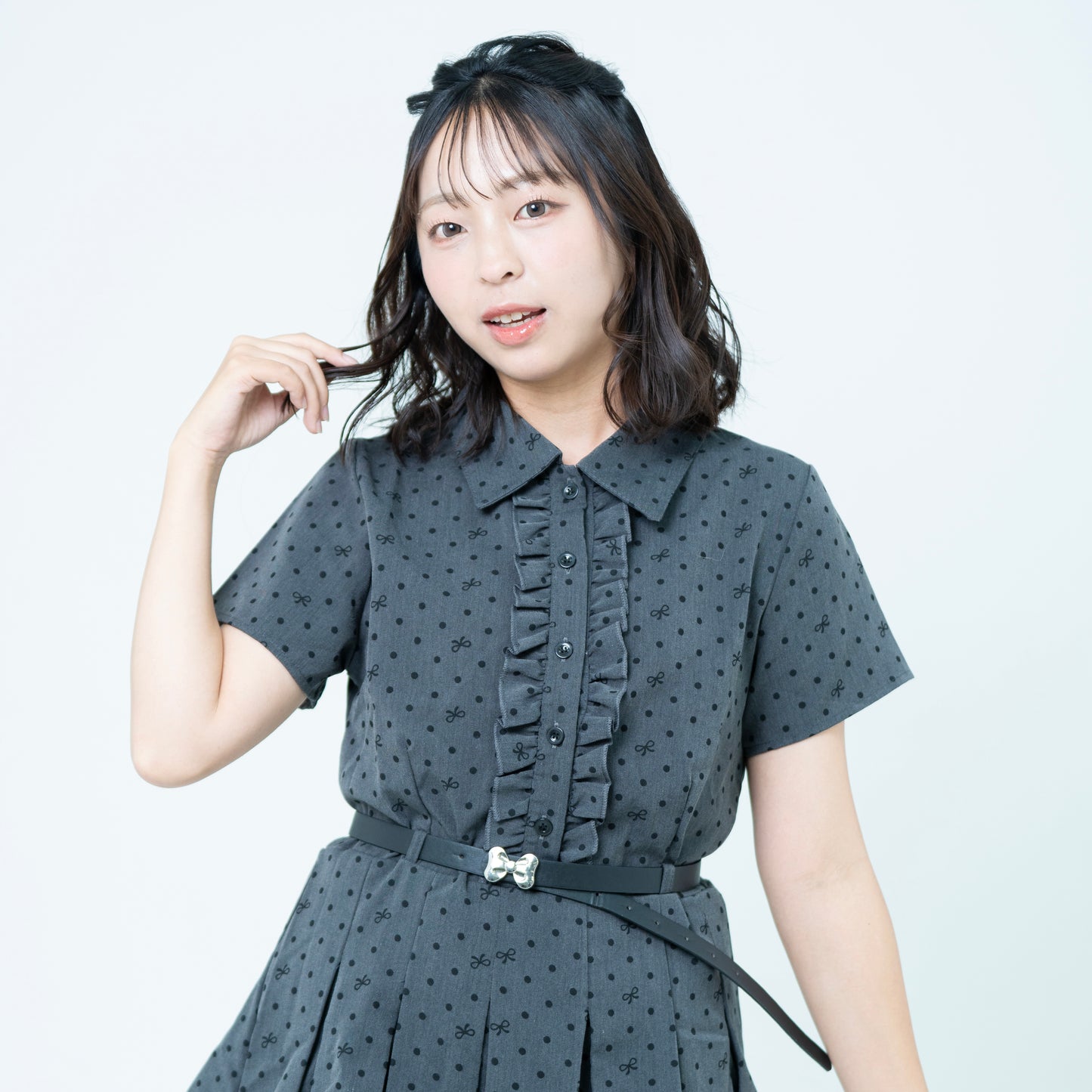 ドットリボン柄シャツワンピース