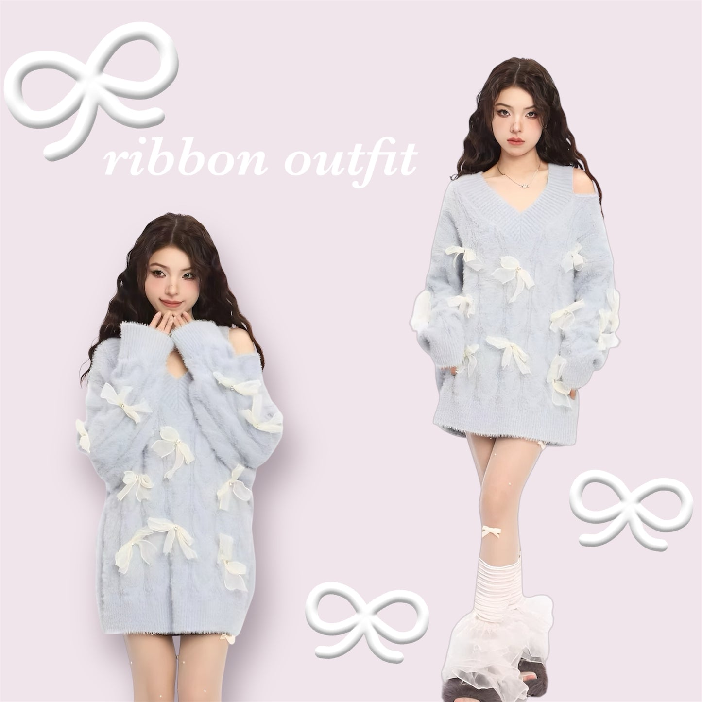 ribbon knit blue tops