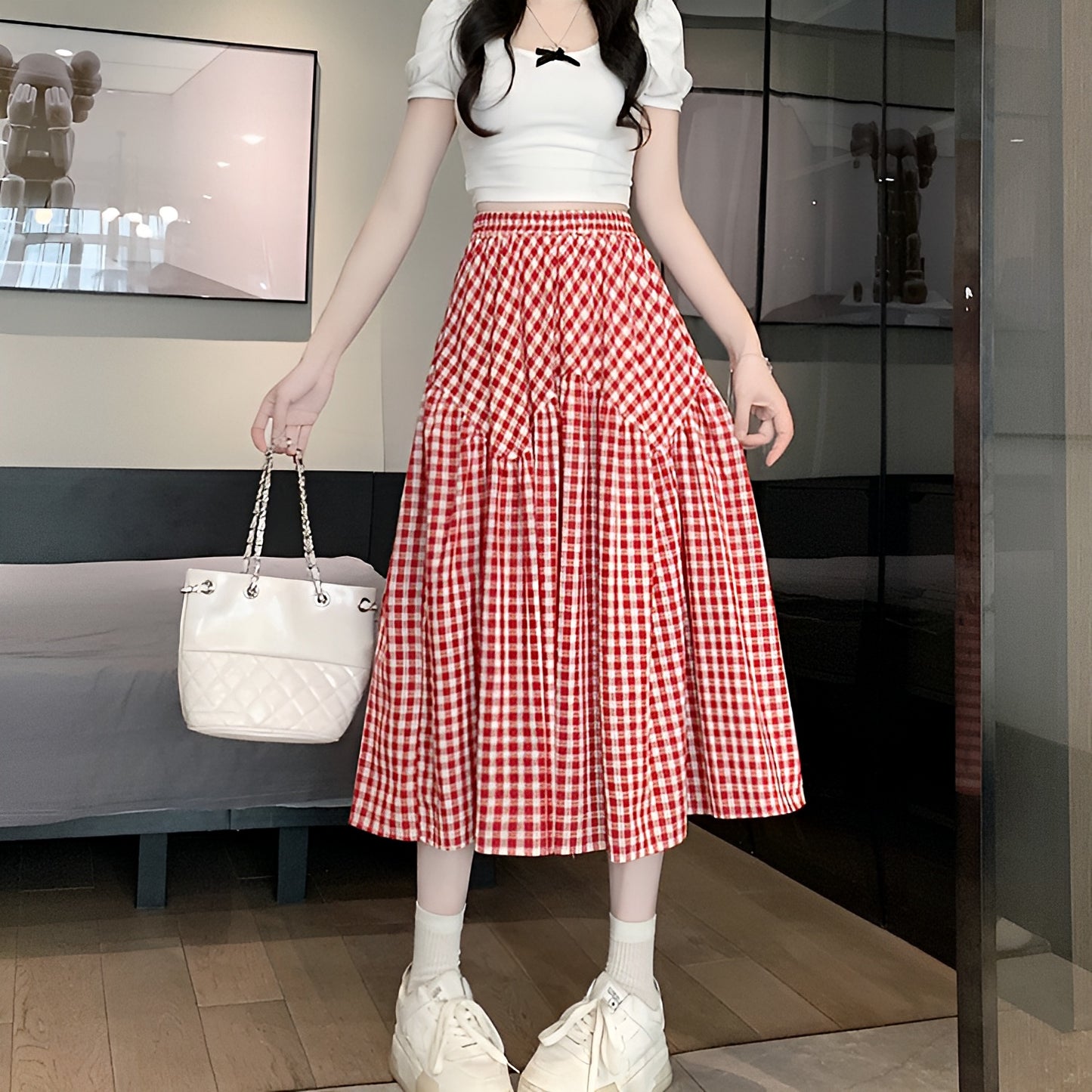 3色展開チェックロングスカート