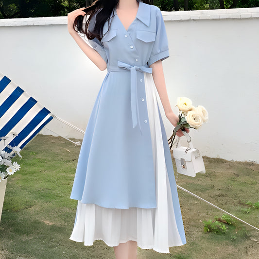 シャツシフォンブルーワンピース