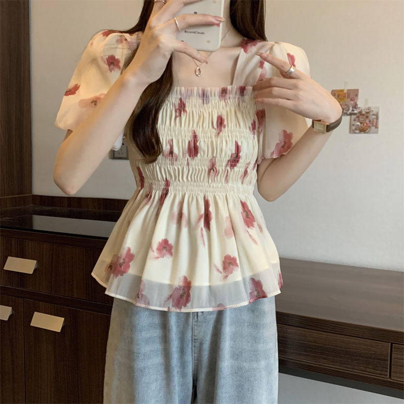 花柄シフォンチュニックトップス