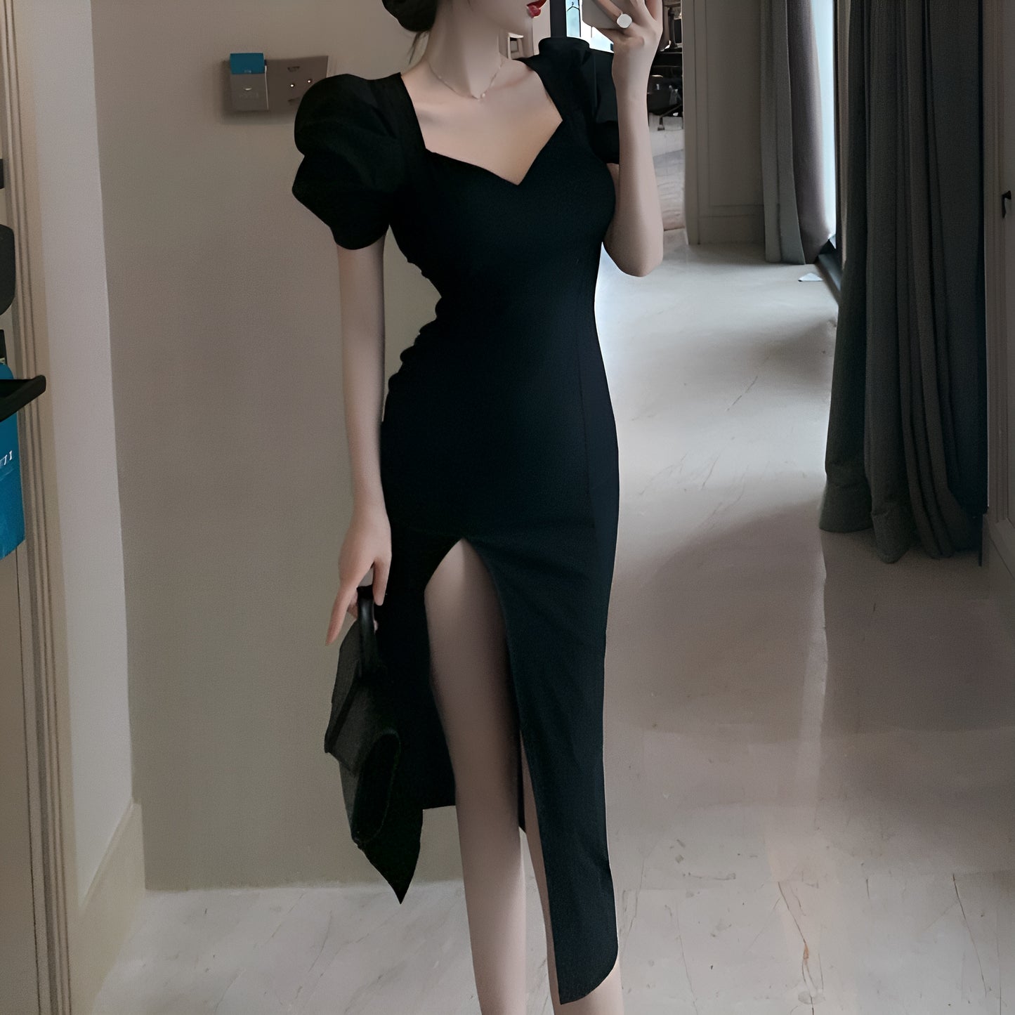パフスリーブスリット入りロングワンピース