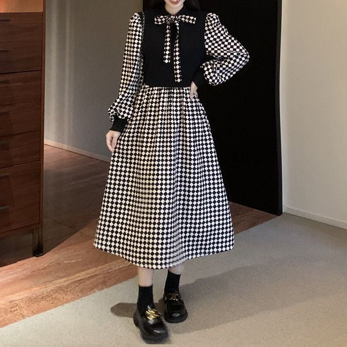 ブラックベスト風格子ロングワンピース