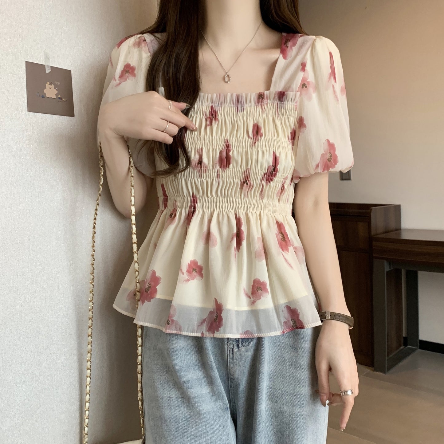 花柄シフォンチュニックトップス