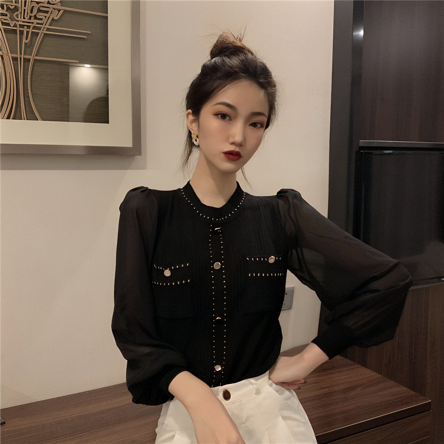 袖シフォンゴールドボタンTops