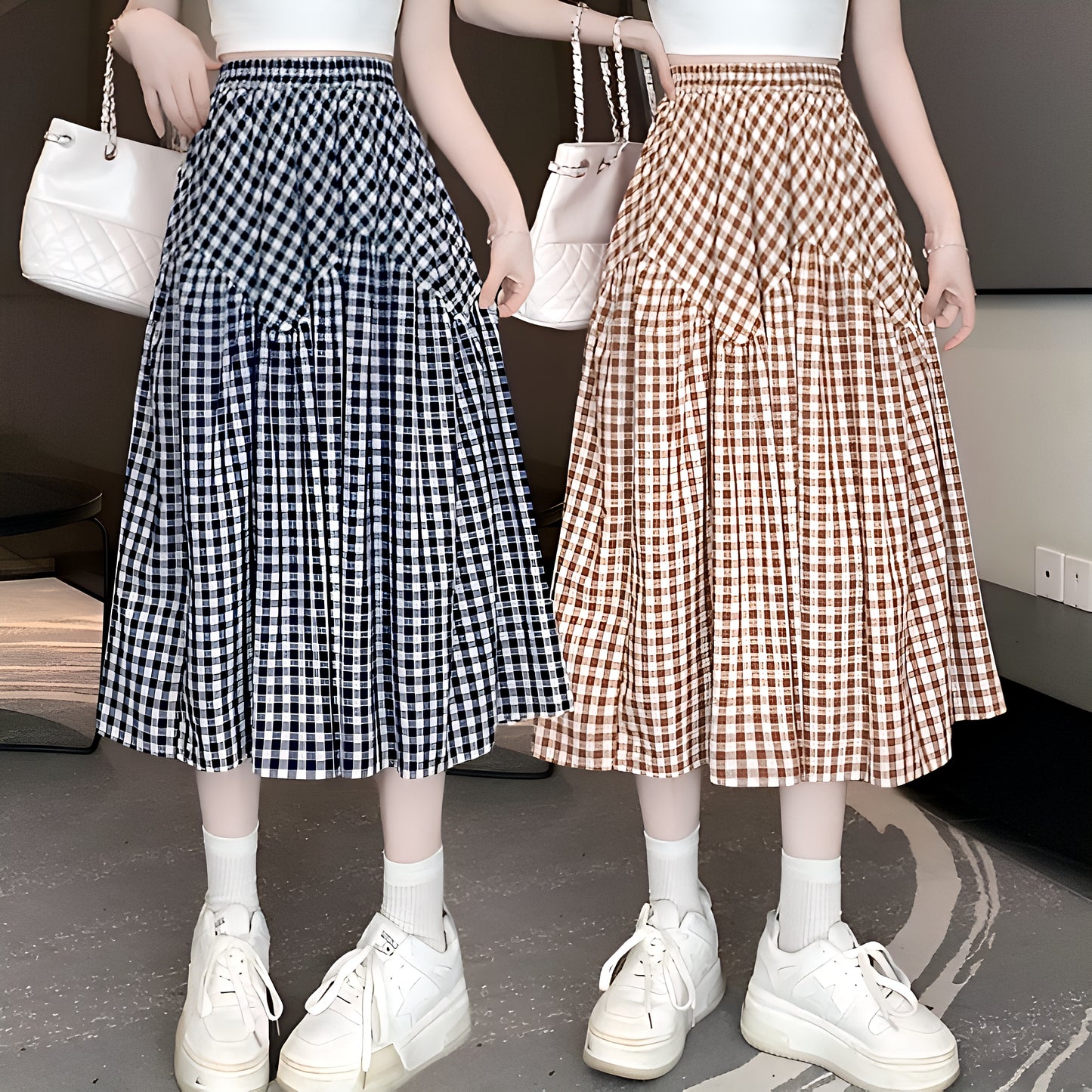 3色展開チェックロングスカート
