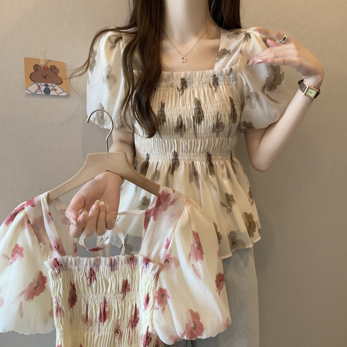 花柄シフォンチュニックトップス