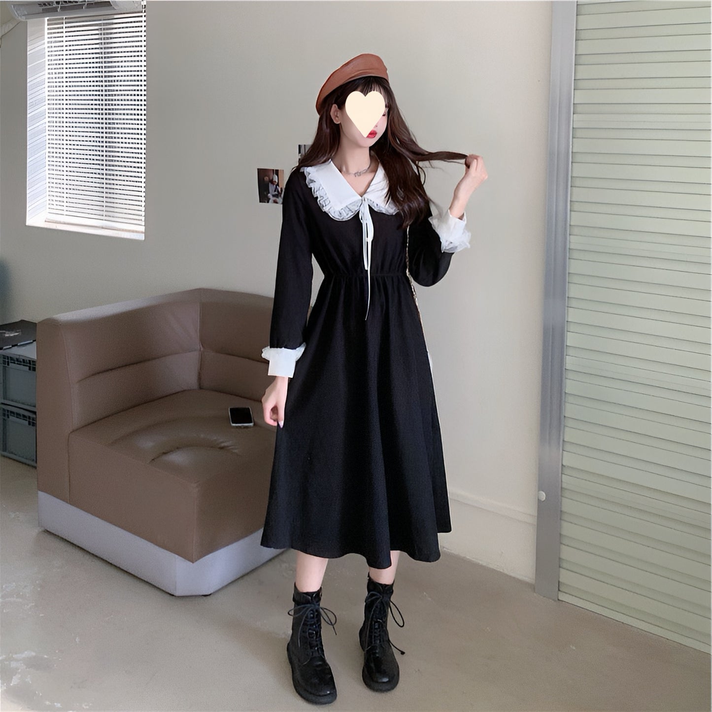 ホワイト襟袖レトロガーリーロングワンピース