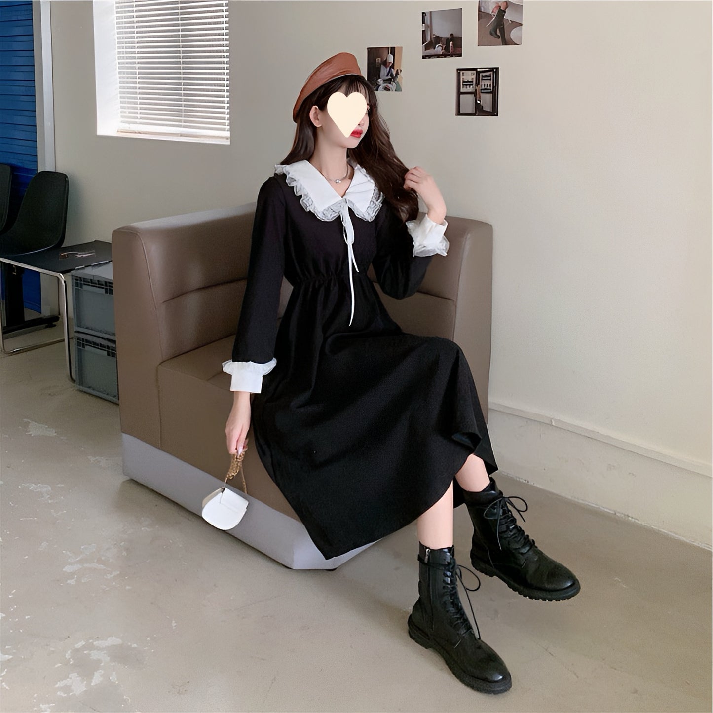 ホワイト襟袖レトロガーリーロングワンピース