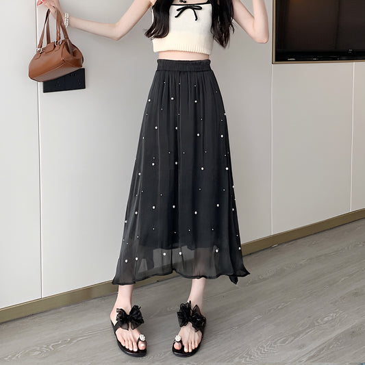 パール付きシフォンロングスカート