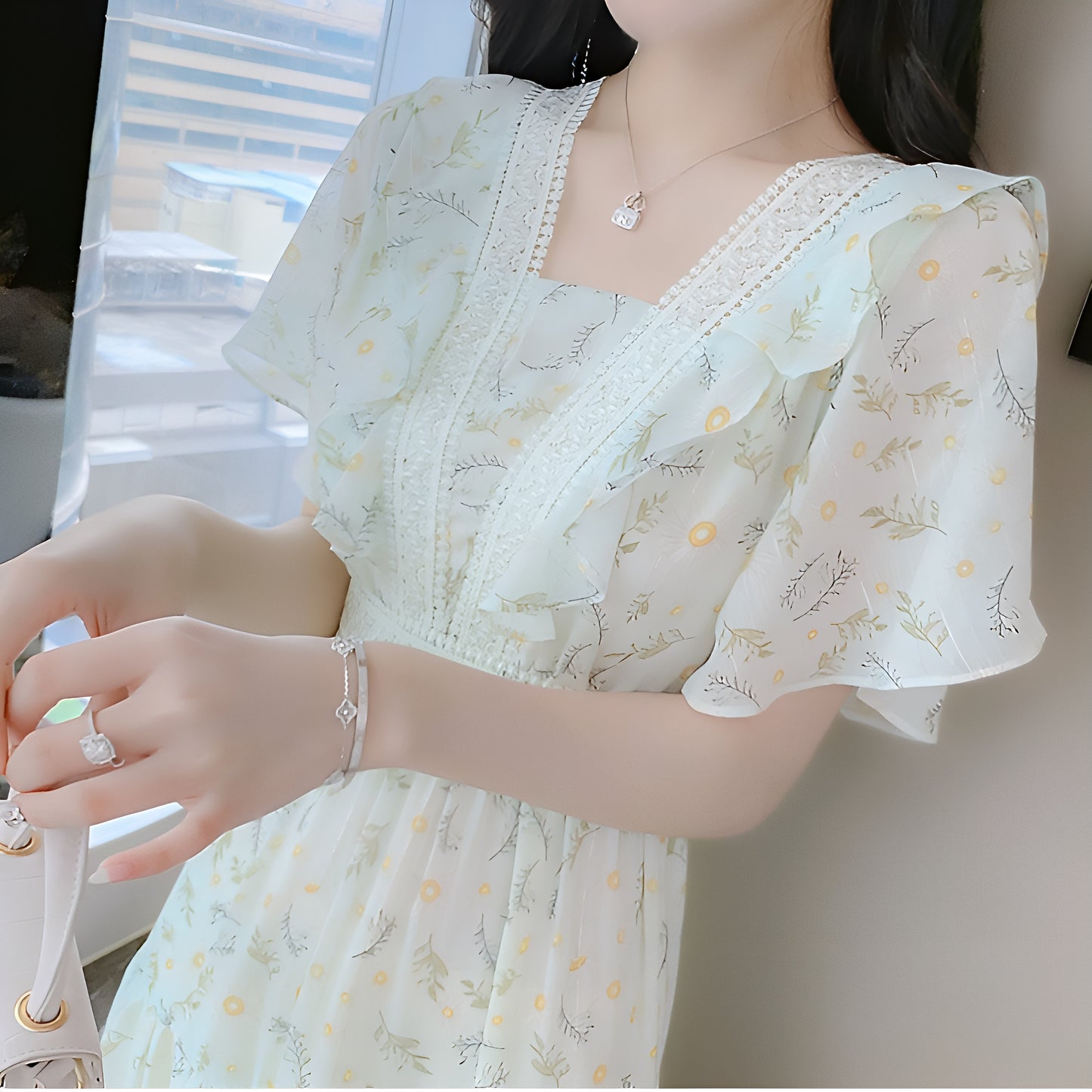 花柄袖フリルロングワンピース