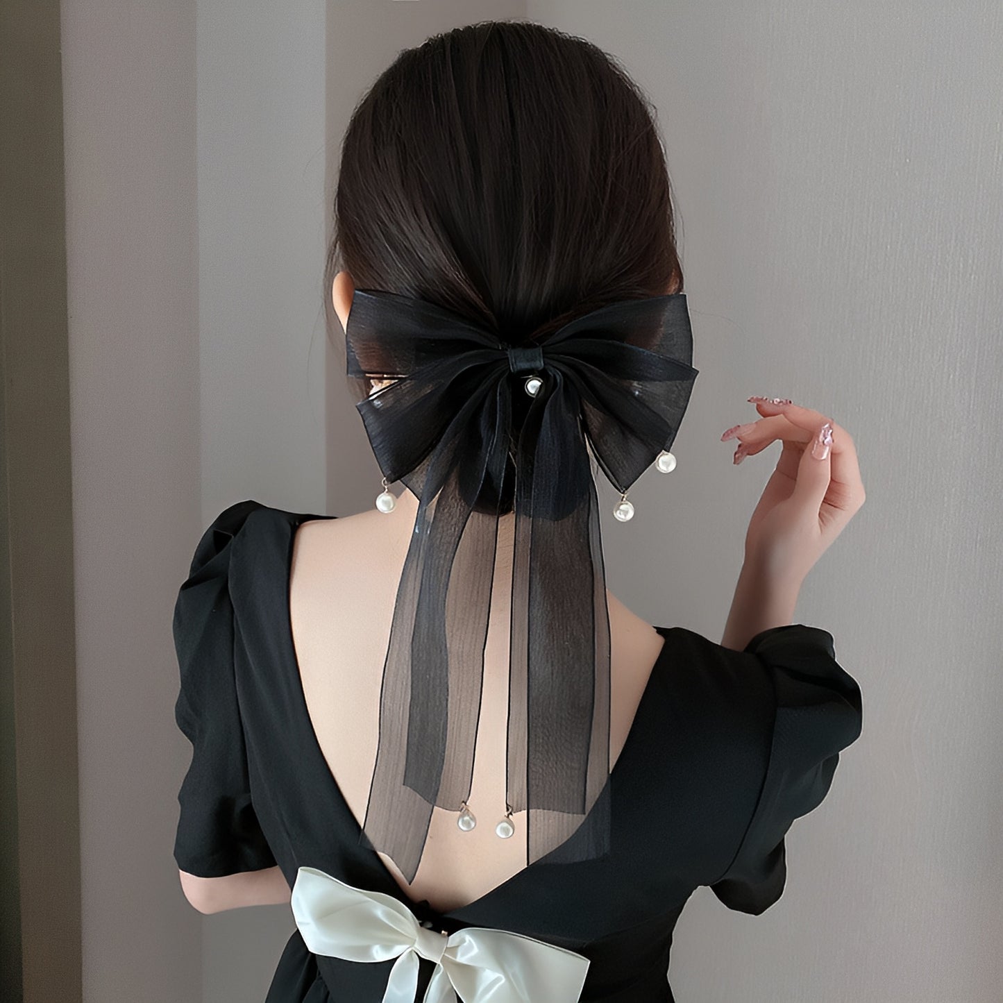 パール付きリボンヘアアクセサリー