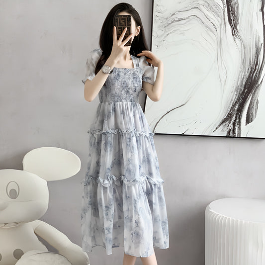 ブルーフラワーシフォンワンピース