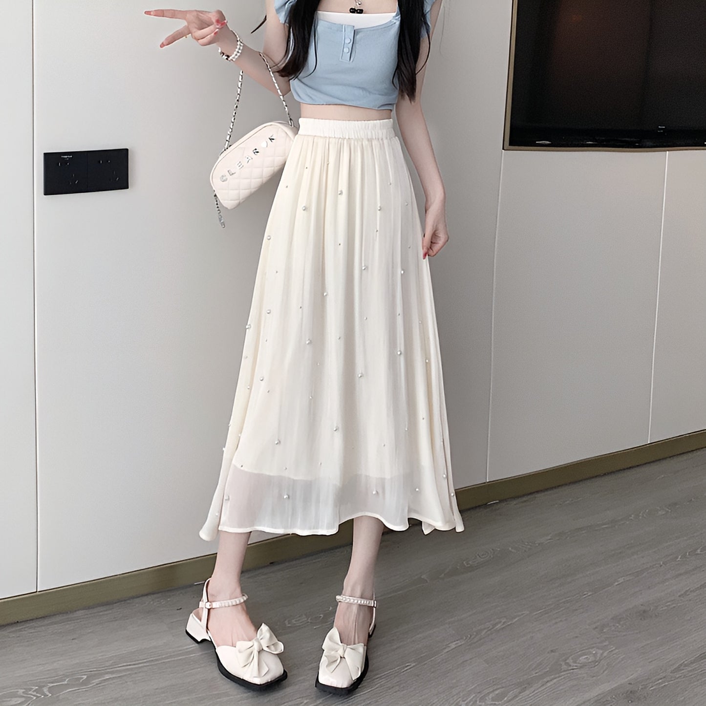 パール付きシフォンロングスカート
