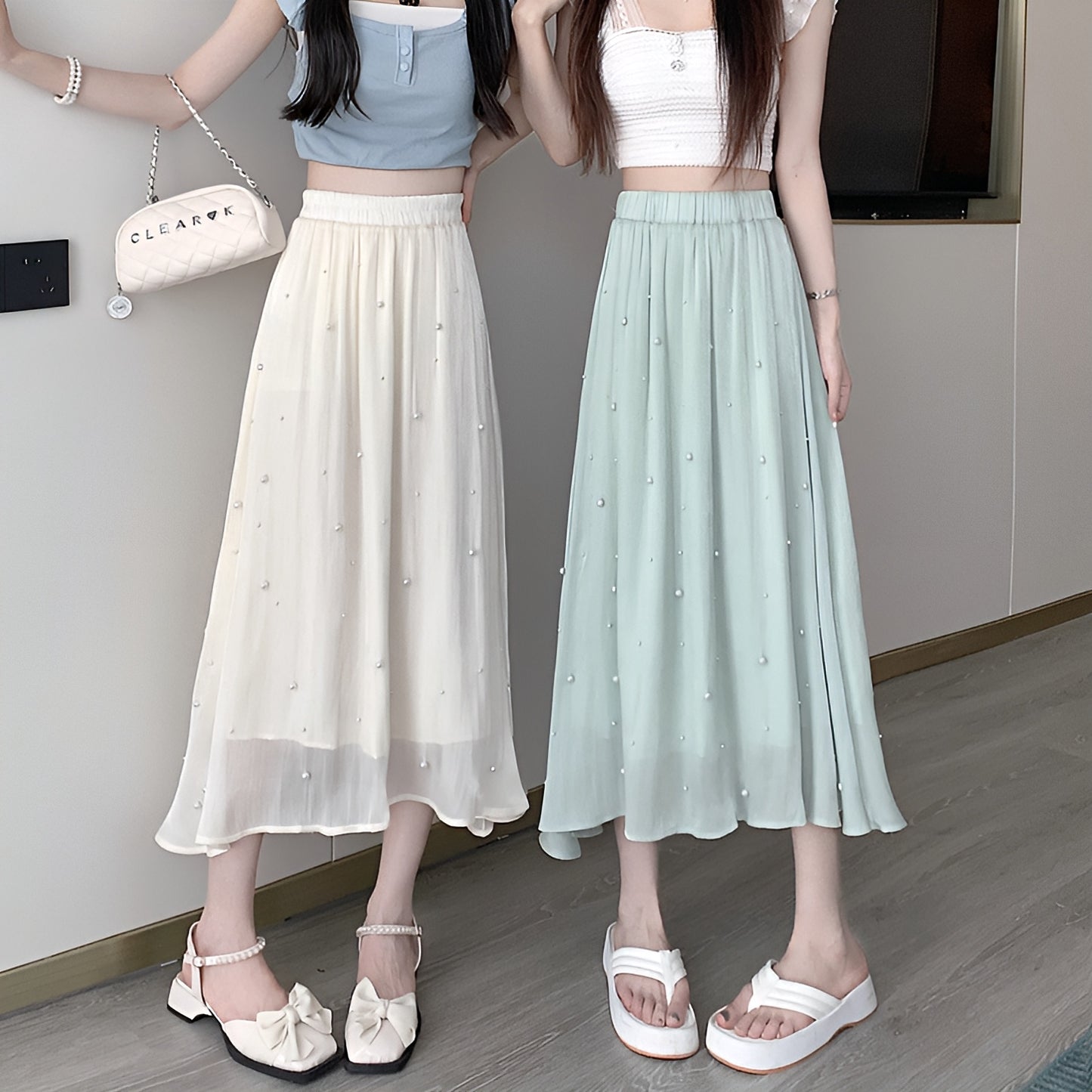 パール付きシフォンロングスカート