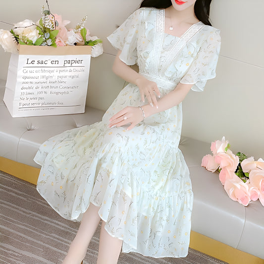 花柄袖フリルロングワンピース