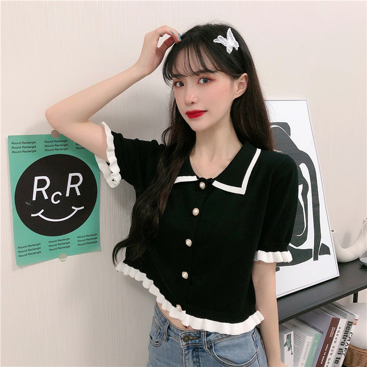 襟付きフリルボタントップス
